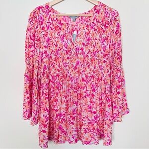 Floral & Ivy • XL • Pink Orange Floral Pleated Keyhole 3/4 Sleeve Chiffon Blouse